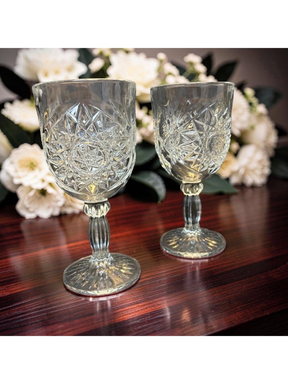 Vintage Libbey Cut Glass Goblet Set Of 2 With Hobstar Starburst Pattern & Ribbed